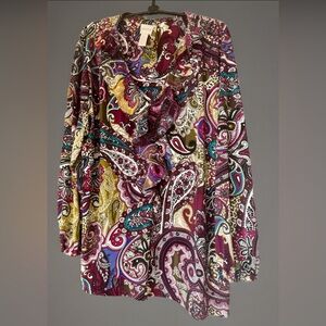 Chicos 3/4 Sleeve Ruffled V-Neck Button Up Blouse Red/Purple/White Paisley 16P*